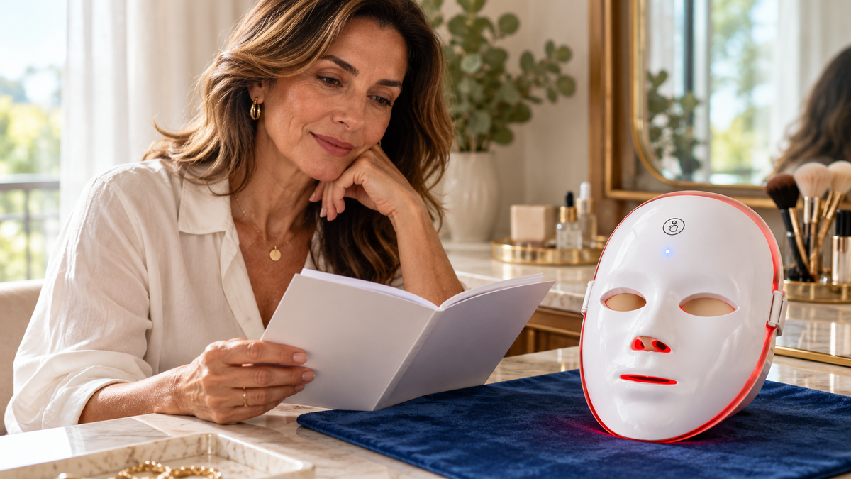 Mulher 40+ lendo as instruções enquanto avalia uma máscara de LED facial branca